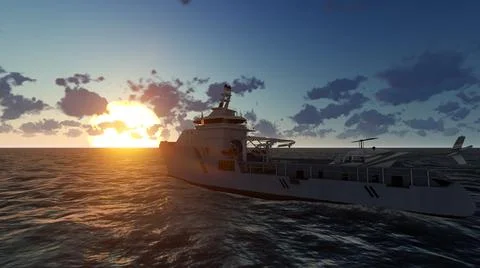 Sunset in the middle of the ocean with a sword. 3D Render Stock Illustration