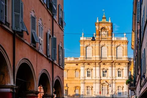 Sunset in Modena, Emilia Romagna, Italy. Via Farini buildings Stock Photos