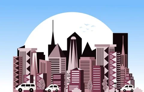Sunset Modern City Skyscraper Building Cityscape Skyline Illustration Stock Illustration