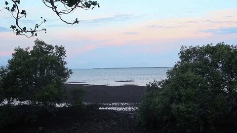 Sunset moment at the beach with blue and pink sky Stock Footage 124303844