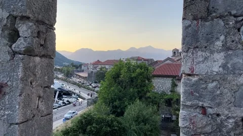Sunset in Montenegro - gimbal push through the old city walls Stockbeeldmateriaal 202738145