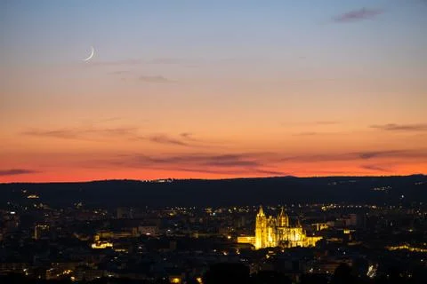 Sunset with moon panoramic view of the city of Leon Spain Stock Photos