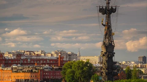 Sunset moscow peter monument top aerial river panorama 4k timelapse russia Stock Footage 86409478