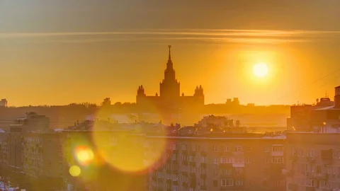 Sunset Moscow State University in winter timelapse Stock Footage