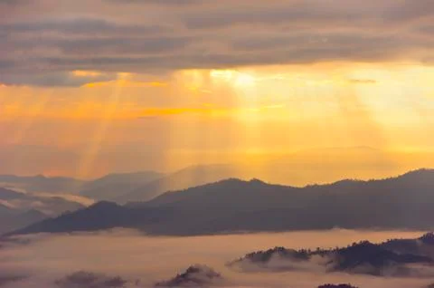 Sunset with mountain landscape, light Stock Illustration