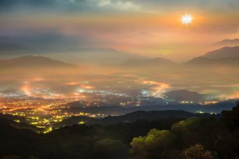 Sunset in mountain landscape with nice sunligh Stock Photos