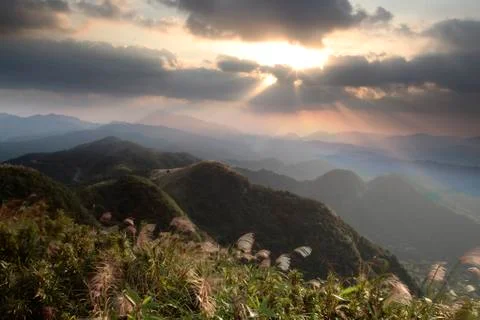 Sunset in mountain landscape with nice view Stock Photos