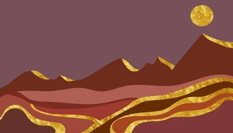 Sunset Mountain line art background, luxury gold wallpaper design for cover.. Stock Illustration