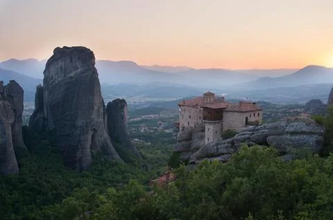 Sunset at Mountain Monastery in Greece Stock Photos