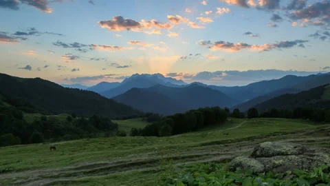 Sunset in the mountain pass Anchho, Abkhazia, Western Caucasus. Full HD Stock Footage 111817375
