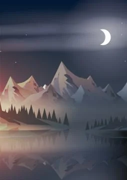 Sunset with Mountain Peaks, Pine Forest and Moon Rise - Vector Illustration. Stock Illustration