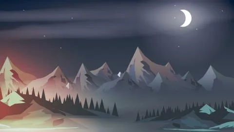 Sunset with Mountain Peaks, Pine Forest and Moon Rise - Vector Illustration. Stock Illustration