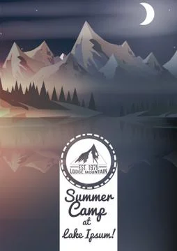 Sunset with Mountain Peaks,Summer Camp Flyer - Vector Illustration Stock Illustration