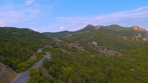Sunset, mountain road, forest, Aerial Stock Footage 116715509