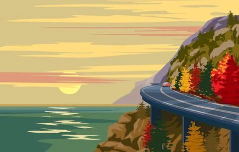 Sunset mountain road trip vacation by car, coast sea, ocean, palms, resort Stock Illustration