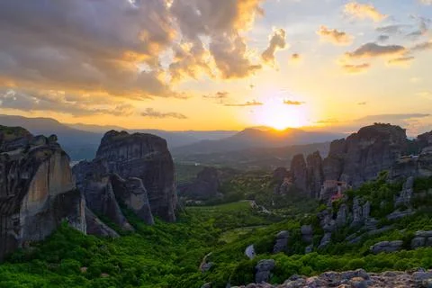 Sunset in mountain valley with beautiful view in greece, kalabaka. Meteora Stock Photos