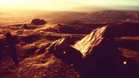 Sunset in the mountain valley Stock Illustration