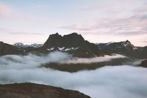 Sunset mountains and clouds landscape in Norway scenery Senja islands evening Stock Photos