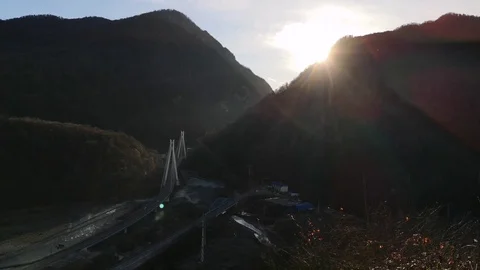 Sunset in the mountains and top view of the cable-Stayed bridge (Sochi, Russia) Stock Footage 122760586