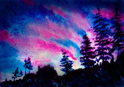 Sunset mountains and trees Stock Illustration