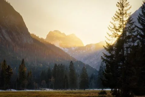 Sunset of the mountains in the Dolomites in winter Stock Photos
