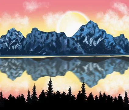 Sunset in mountains landscape and view at a lake Stock Illustration