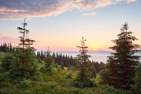 Sunset in the mountains landscape. Dramatic sky. Carpathian of Ukraine Europe Stock Photos