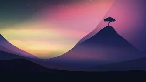 Sunset in the Mountains with a Lone Tree - Vector Illustration Stock Illustration