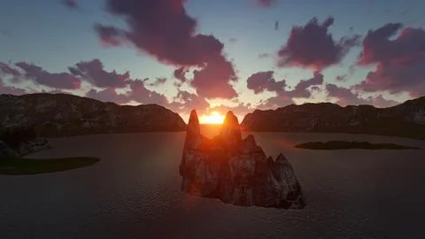 Sunset in the mountains in the middle of the bay.3D Render Stock Illustration