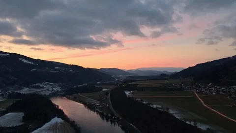 Sunset in the mountains with river reflection  Stock Footage 325678786