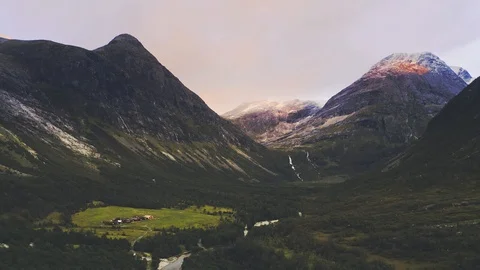 Sunset mountains valley in Norway aerial view landscape Stock Footage 120281753