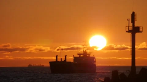 Sunset with moving boats time lapse at the port sea gate Stock Footage 47605134