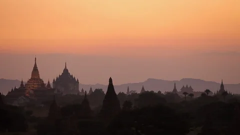 Sunset Myanmar landscape, Buddhist temples Stock Footage 102633255