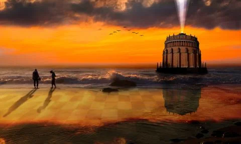 Sunset on a mystic beach Stock Photos