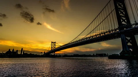 From sunset to night,the Benjamin Franklin Bridge and skyline, Philadelphia, USA Stock Footage