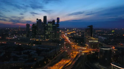 Sunset night illumination moscow city traffic road aerial flight over 4k russia Stock Footage 143060225