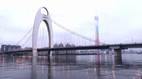 From sunset to night, the Liede Bridge  in Guangzhou, China Stock Footage 32531665