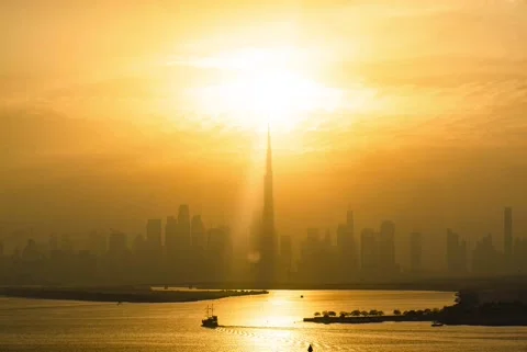 Sunset to night time lapse transition of Dubai skyline and Dubai creek Stock Footage 200426493