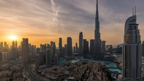 Sunset to night time lapse view of the skyline of Downtown Dubai Stock Footage 265473681