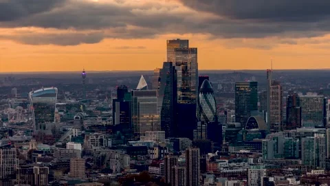 Sunset to night time lapse view of the office skyscrapers at the City of London Stock Footage 319029472