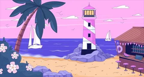 Sunset ocean bay lighthouse with beach bar lofi wallpaper Stock Illustration
