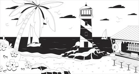 Sunset ocean bay lighthouse with beach bar lofi illustration outline Stock Illustration