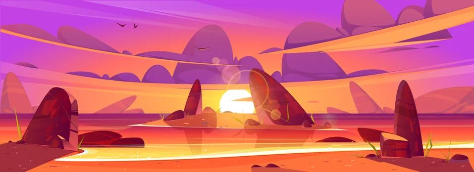 Sunset in ocean, pink clouds in sky above sea Stock Illustration