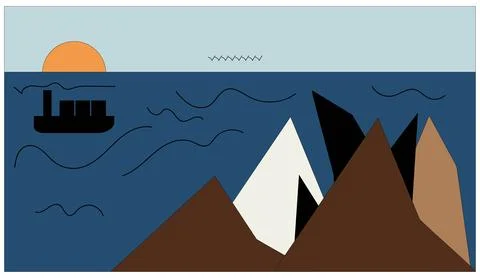 Sunset ocean scene with cargo ship sailing past mountains Stock Illustration