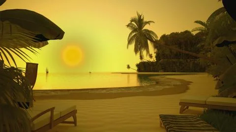 Sunset on ocean shore with palm Stock Illustration