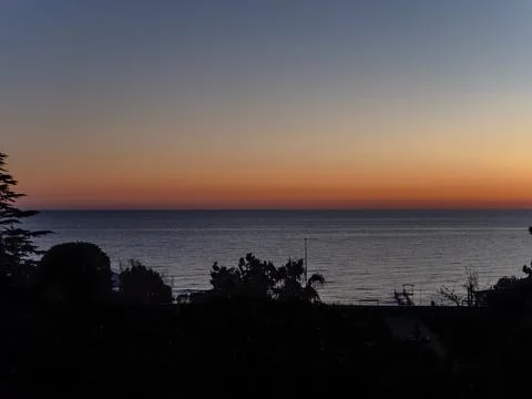 Sunset on the ocean through the trees Stock Photos