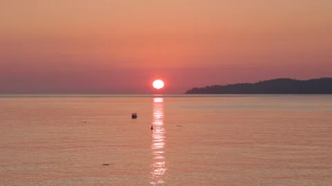 Sunset ocean view near Sooke, BC, Vancouver Island, beautiful ocean vista, boats Stock Footage 254513344