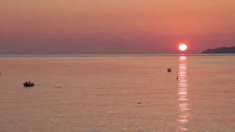 Sunset ocean view near Sooke, BC, Vancouver Island, beautiful ocean vista, boats Stock Footage 258808194
