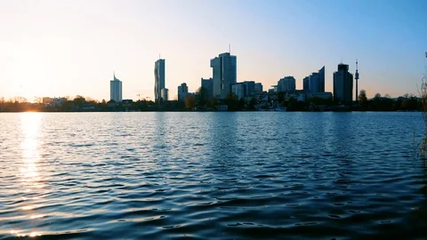 Sunset on old danube in vienna Stock Footage 120063764
