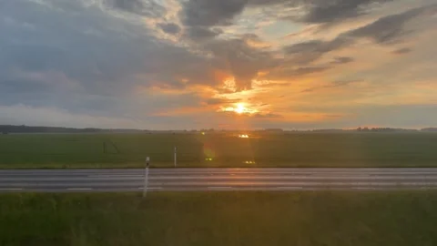 Sunset &amp; Open Fields Countryside From Train - Sweden Stock-Footage 341888990
